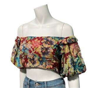 NWT Just Bellina Floral Metallic Thread Puff Sleeve Crop Top Small